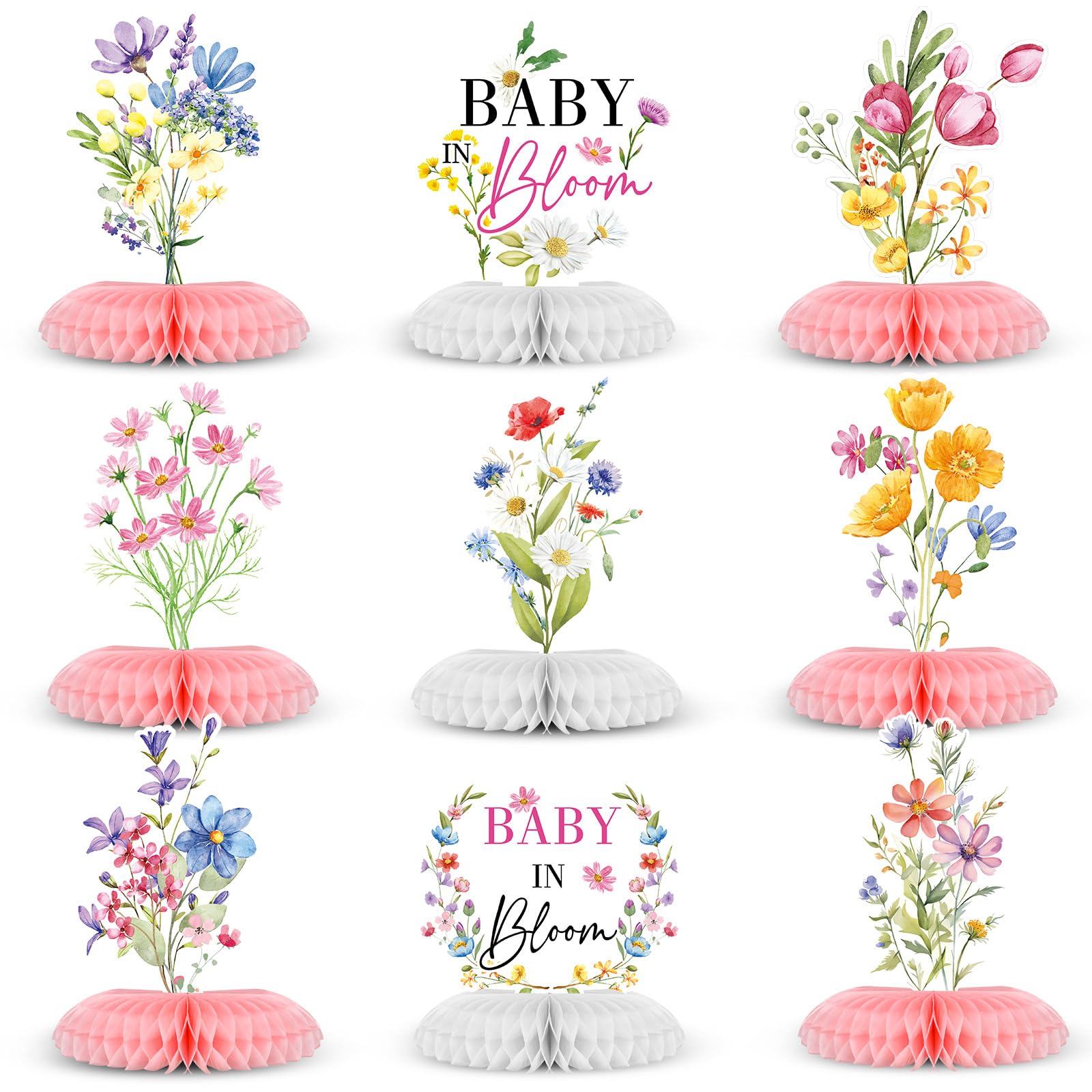 Photo 1 of Weekgrat 9 Pcs Wildflower Baby in Bloom Baby Shower Decoration Spring Floral Flower Theme Honeycomb Centerpiece for Table Decor