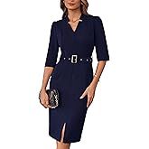 GRACE KARIN Women's Work Dress 3/4 Sleeve V Neck Bodycon Sheath Dress Zipper Up Office Business Dresses with Belt