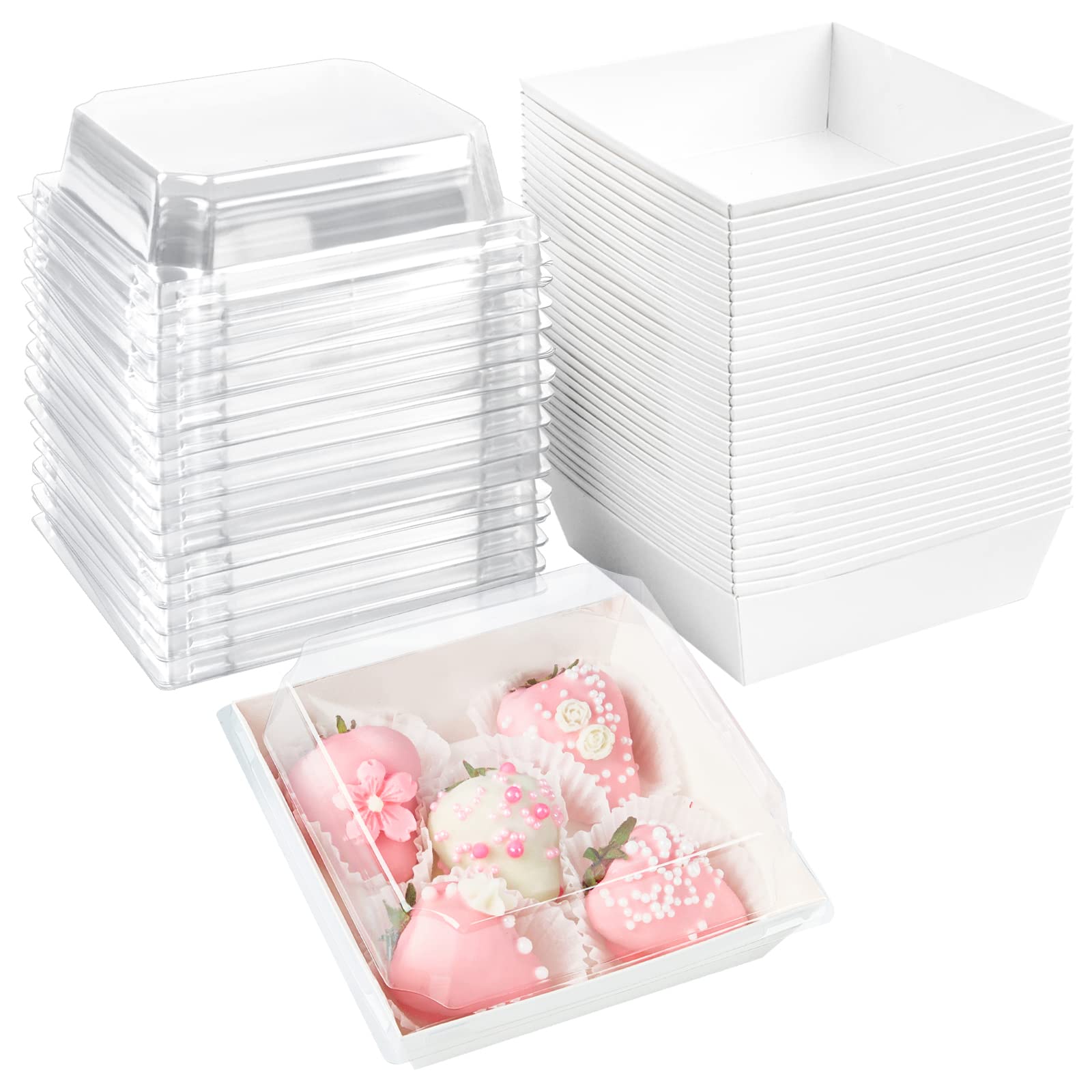 Photo 1 of Ocmoiy 50 Pack Small Charcuterie Boxes with Clear Lids 4x4 Inch, To Go Disposable Paper Food Containers Bakery Treat Boxes for Desserts, Cake Slice, Cookies, Strawberries (White, 50)