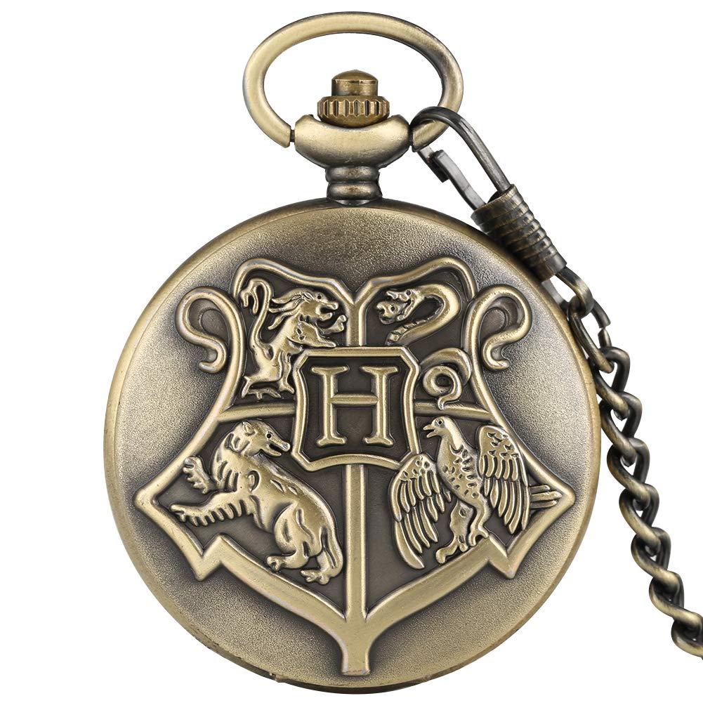 CokinkiDs HP Pocket Watch Bronze Hogwarts School of Witchcraft Wizardry Quartz Pocket Watch with Chain for Men Women Children Xmas Gift