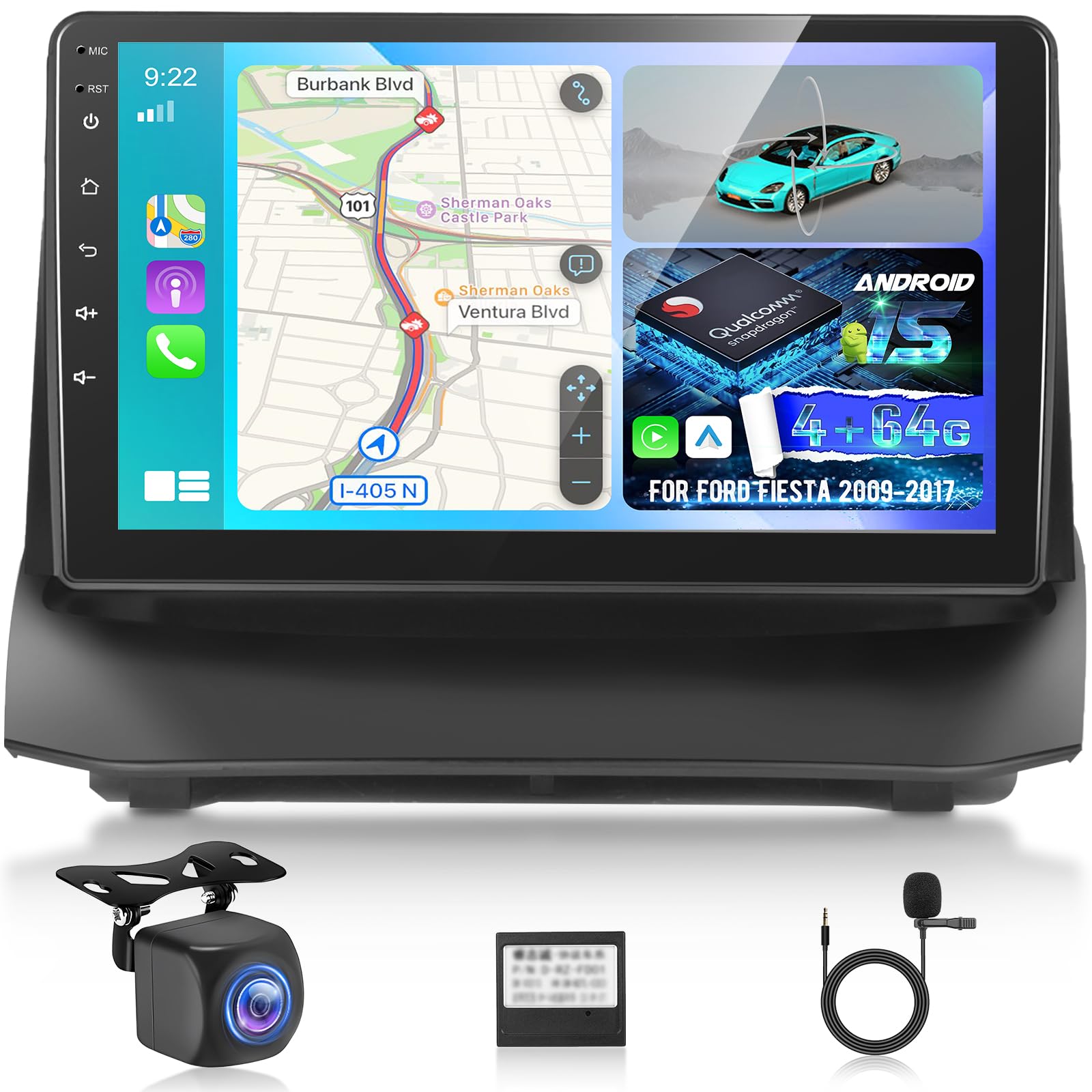 Photo 1 of [8 Core 4+64G] Upgrade Android 15 Radio for Ford Fiesta 2009-2017: 9 inch IPS Touchscreen Carplay Stereo - 3D Car Model Showcase, Cooling Fan, WiFi, DSP, Custom UI Design + AHD Backup Camera + Canbus