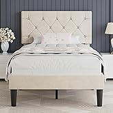 VECELO Twin Size Bed Frame, Upholstered Platform with Adjustable Diamond Tufted Headboard, Wood Slat Support, No Box Spring Needed, Pala Beige