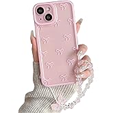 NITITOP Compatible with iPhone 15 Plus Case Cute Clear Durable Ribbon Bow Knot Pattern for Girls Women Bowknot with Chain Wrist Strap Soft TPU Transparent Shockproof Protective Phone Cover - Pink