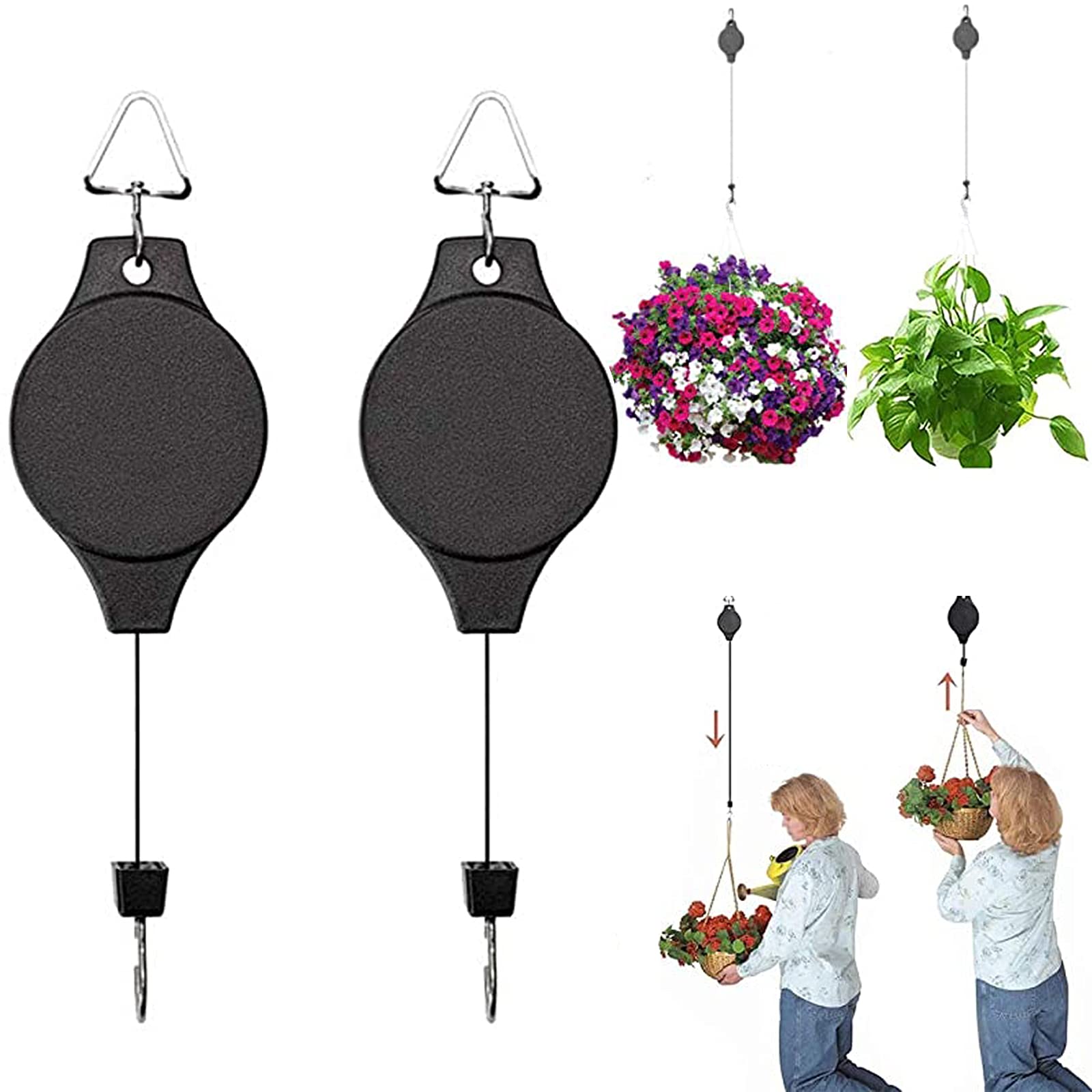 bingxqiso 2 Pieces in Black Plant Pulley, Retractable Heavy Duty Easy Reach Pulley Plant Hanging Flower Basket Hook Hanger, for Garden Baskets Pots Indoor Outdoor Decoration