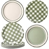 Tiangrid 60 Pcs Sage Green Gingham Paper Dessert Plates 9 Inch Disposable Checkered Plaid Dinner Plates for Birthday Baby Shower Wedding Camping Themed Party Supplies, 4 Styles