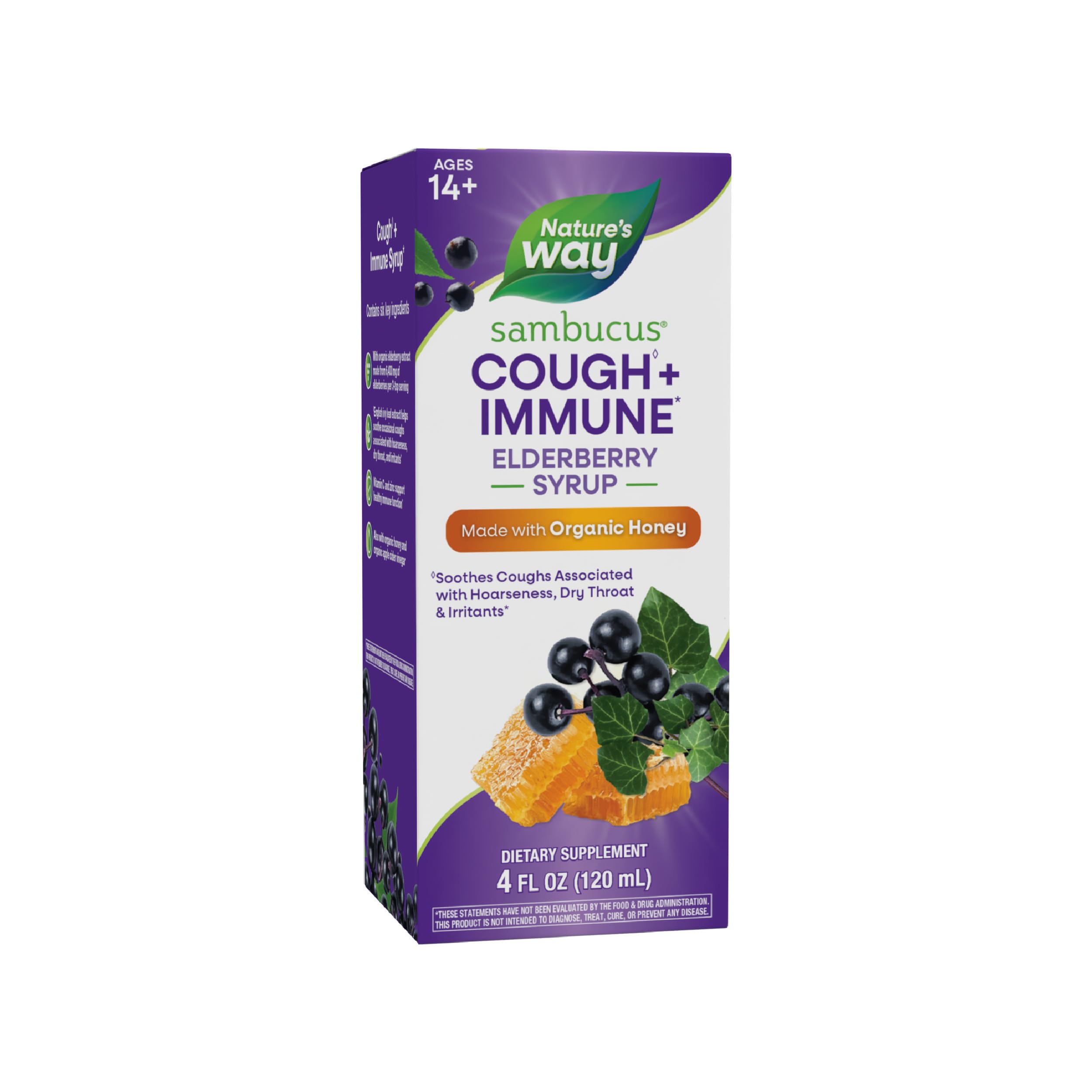 Nature’s Way Sambucus Cough + Immune* Elderberry Syrup, Soothes Coughs Associated with Hoarseness, Dry Throat, and Irritants* Vitamin C, Zinc, Organic Honey, 4 Fl Oz (Packaging May Vary)