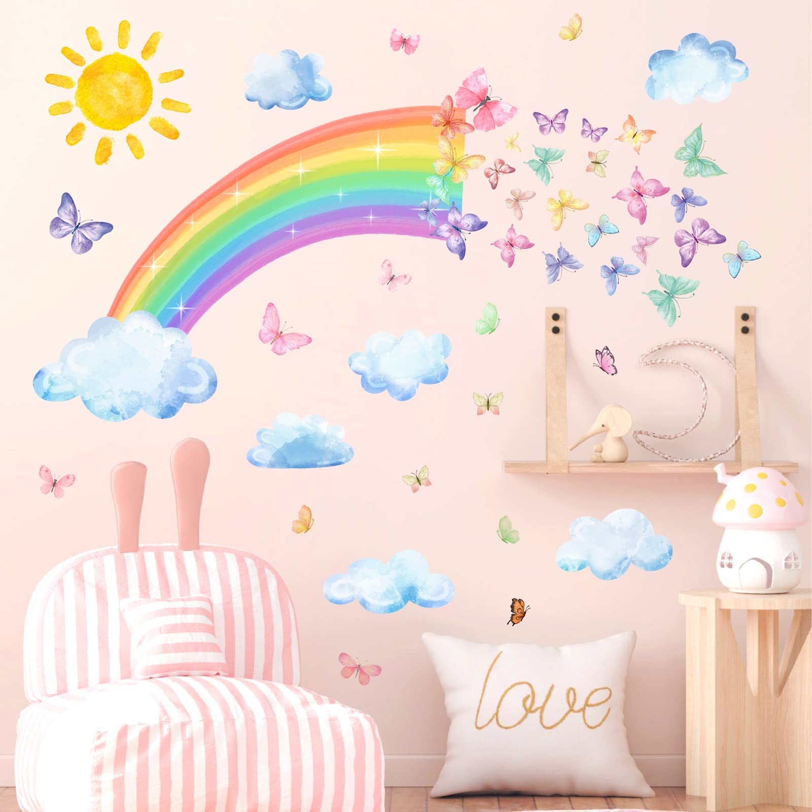 Colorful Rainbow Wall Stickers for Kids Girls Bedroom Accessories Butterflies Cloud Wall Decals Peel and Stick for Children Baby Nursery Room Playroom Decoration