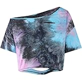 Remidoo Women's Off The Shoulder Graphic Crop Top Tee Half Sleeve Loose Fit T Shirt