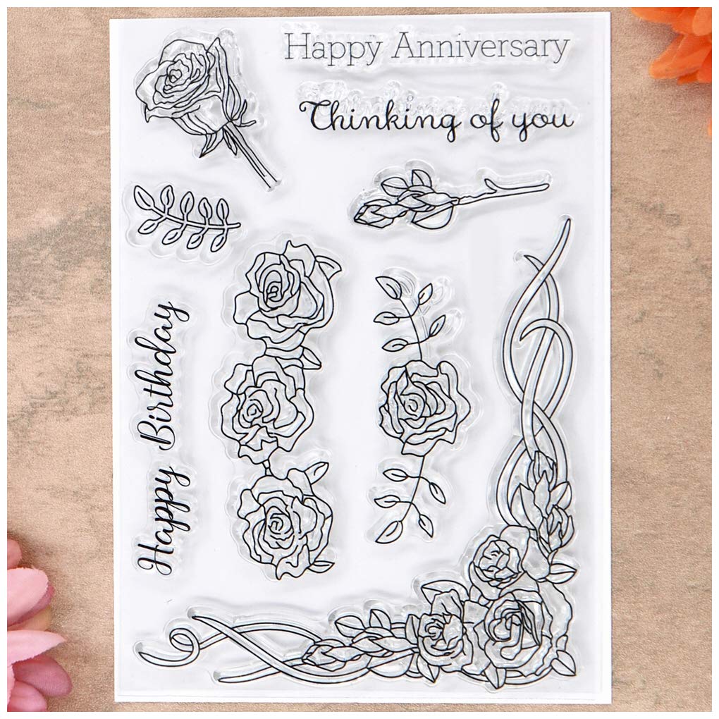 KWELLAM Flowers Rose Leaves Happy Anniversary Happy Birthday Thinking of You Clear Stamps for Card Making Decoration and DIY Scrapbooking