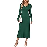 Arach&Cloz 2025 Spring Womens V Neck Long Sleeve Fishtail Sweater Dress Ribbed Knit Slim Fit Bodycon Midi Dress