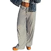 Pnahip Women's Comfy Pajama Loose Casual Drawstring Lounge Pants - Striped Print Stretch Wide Leg