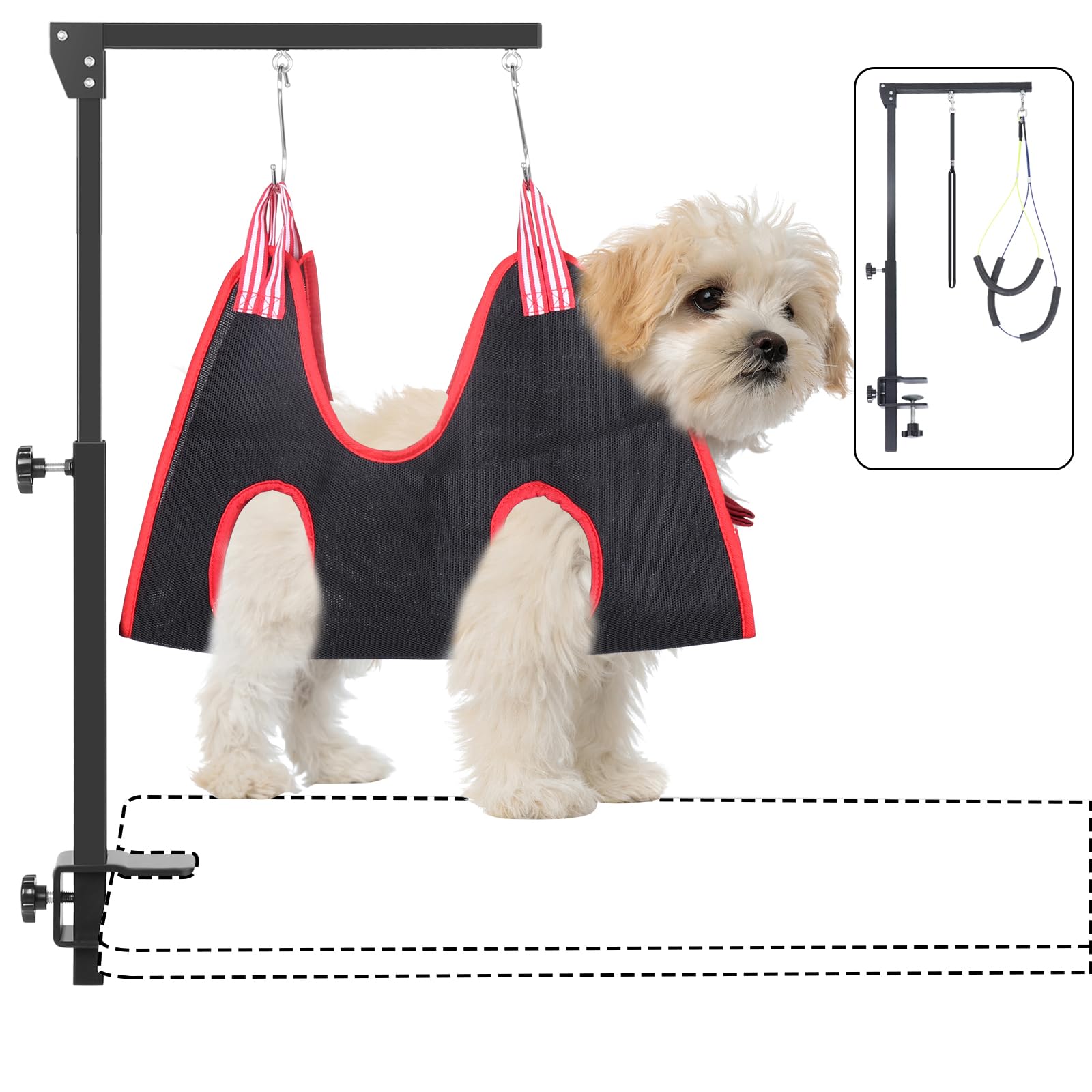Photo 1 of *MISSING HARDWARE* KELIXU Dog Grooming Arm with Clamps, Pet Grooming Table Arm with Hammock Harness &Two No Sit Haunch Holder, Adjustable Pet Grooming Supplies for Small/Medium Pets, Black