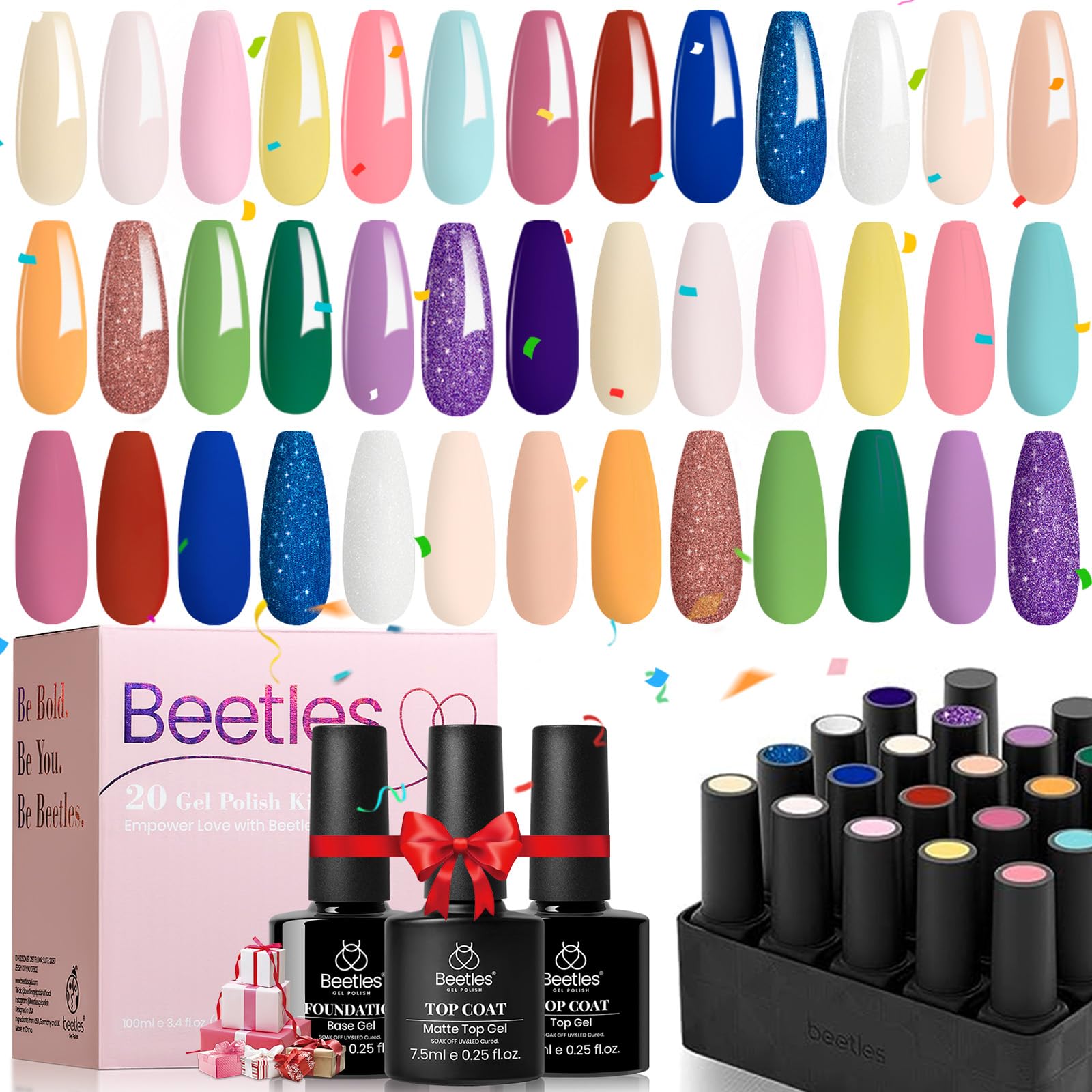 Beetles Gel Nail Polishes- 20 Pcs Gel Nail Polish Shoujo Manga Nail Kit Soak Off Nail Gel Polish Set Nude Pastel Pink Blue Red Glitter Nail Art with Glossy Matte Top Coat Base Coat