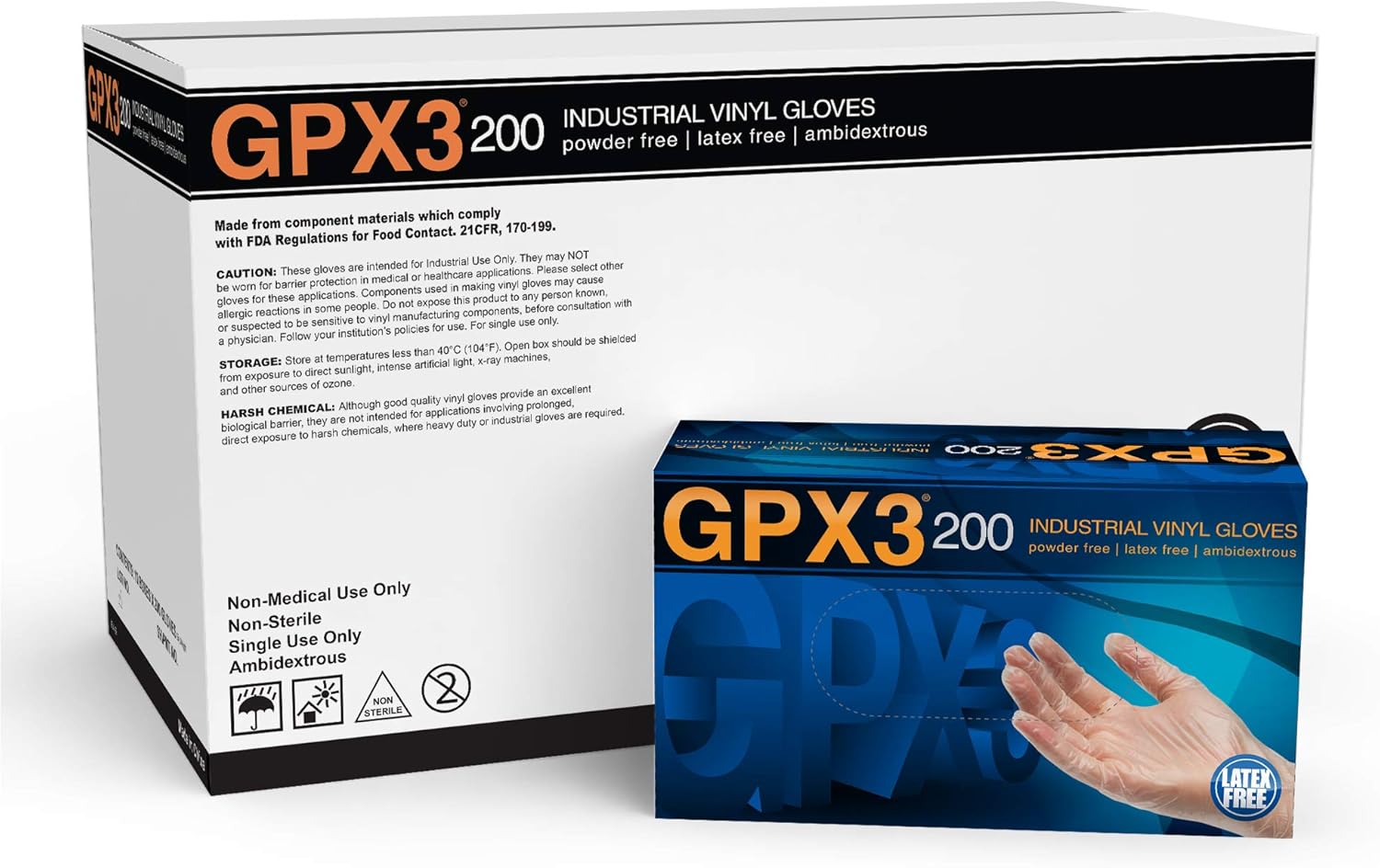 GPX3 200 Vinyl Disposable Gloves Clear, 3 mil, Powder Free, Latex