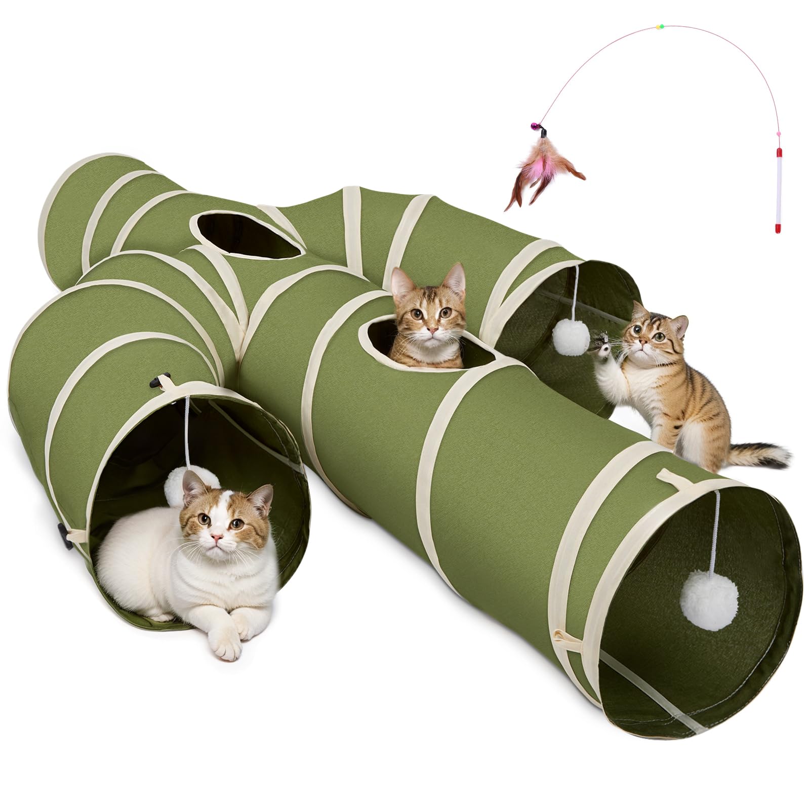 Ownpets Cat Tunnel, Larger Cactus Shape Pet Tunnel with Sturdy Oxford Fabric, Foldable and Resistant to Tearing, Featuring Multiple Exits, Hanging Ball and Teaser Wand,Grey, 30cm Diameter, Green