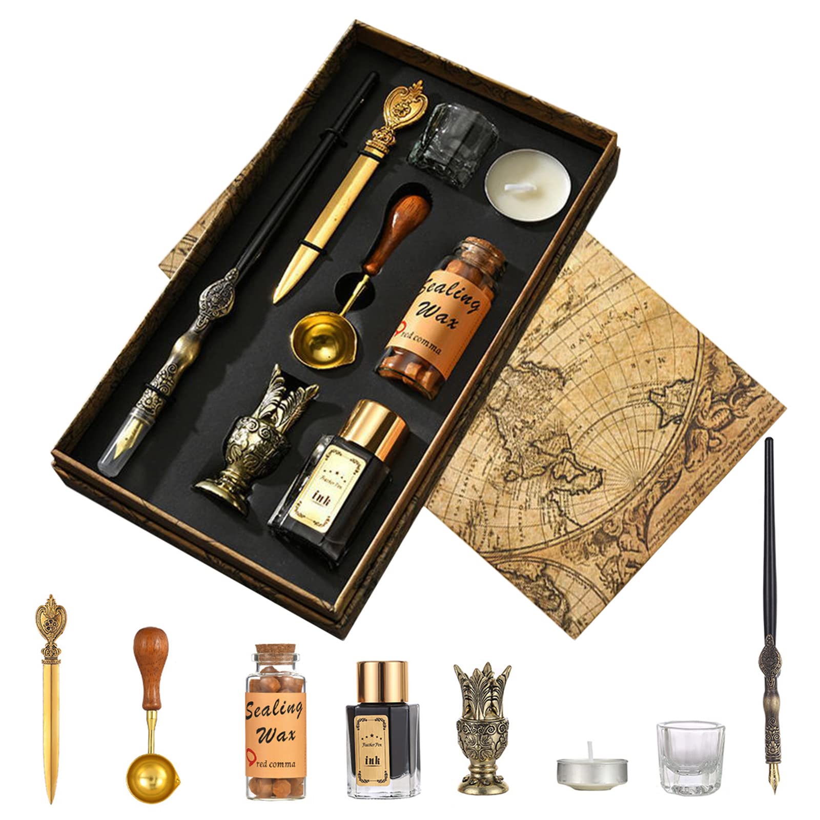 Joyeee Wooden Dip Pen Set with Ink, Vintage Letter Opener, Desk Pen Holder, Tealight Candles, Idea for Writing, Drawing, Signatures, Art Gifts, Envelope Wax Seal Kit with Gold Wax Seal Beads