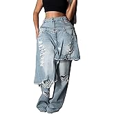 Voghtic Jeans for Women Trendy High Waisted Ripped Tear Y2K Patchwork Wide Leg Denim Pants with Pockets Streetwear