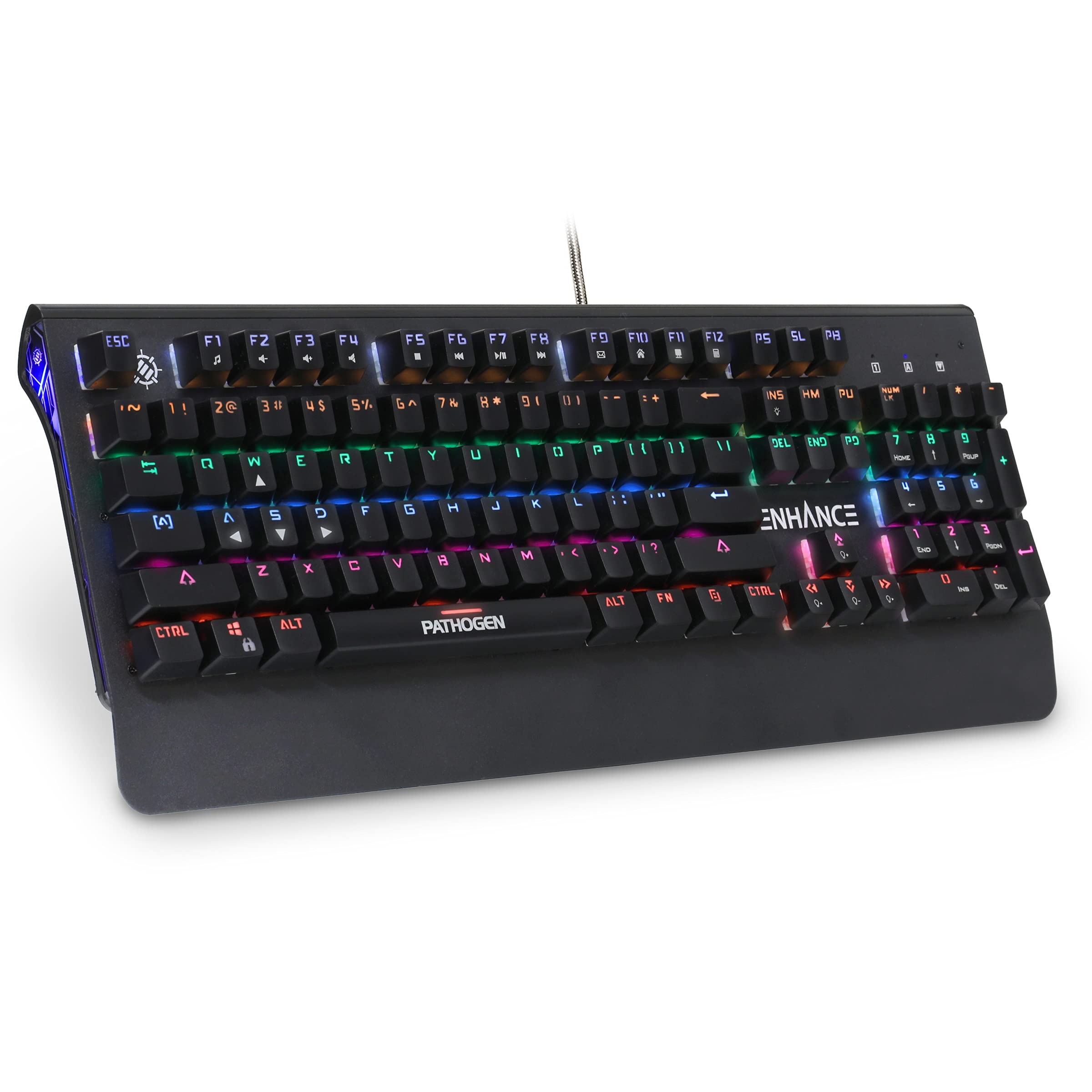 ENHANCE Pathogen 2 Blue Switch Mechanical Keyboard - Mechanical Gaming Keyboard with Fast 1ms Response Polling Rate with Integrated Wrist Rest, 26KRO & Anti-Ghosting, 7 LED Lighting Effects