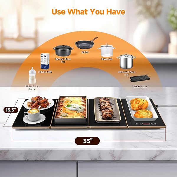 FEPPO ELECTRIC WARMING TRAY, 4-IN-1 FOOD WARMERS FOR PARTIES BUFFET WITH 10 TEMP SETTINGS AND TIMER, 33″X15″ GLASS SURFACE WARMING MAT FOR FOOD, MODULAR BUFFET HOT PLATES FOR CATERING AND GATHERINGS