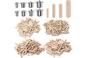 Swpeet 505Pcs 4 Sizes 1/4" 5/16" 3/8" 1/2" Wooden Dowel Pins Straight Grooved Pins with Center Point Cylinder Wood Dowels Ass