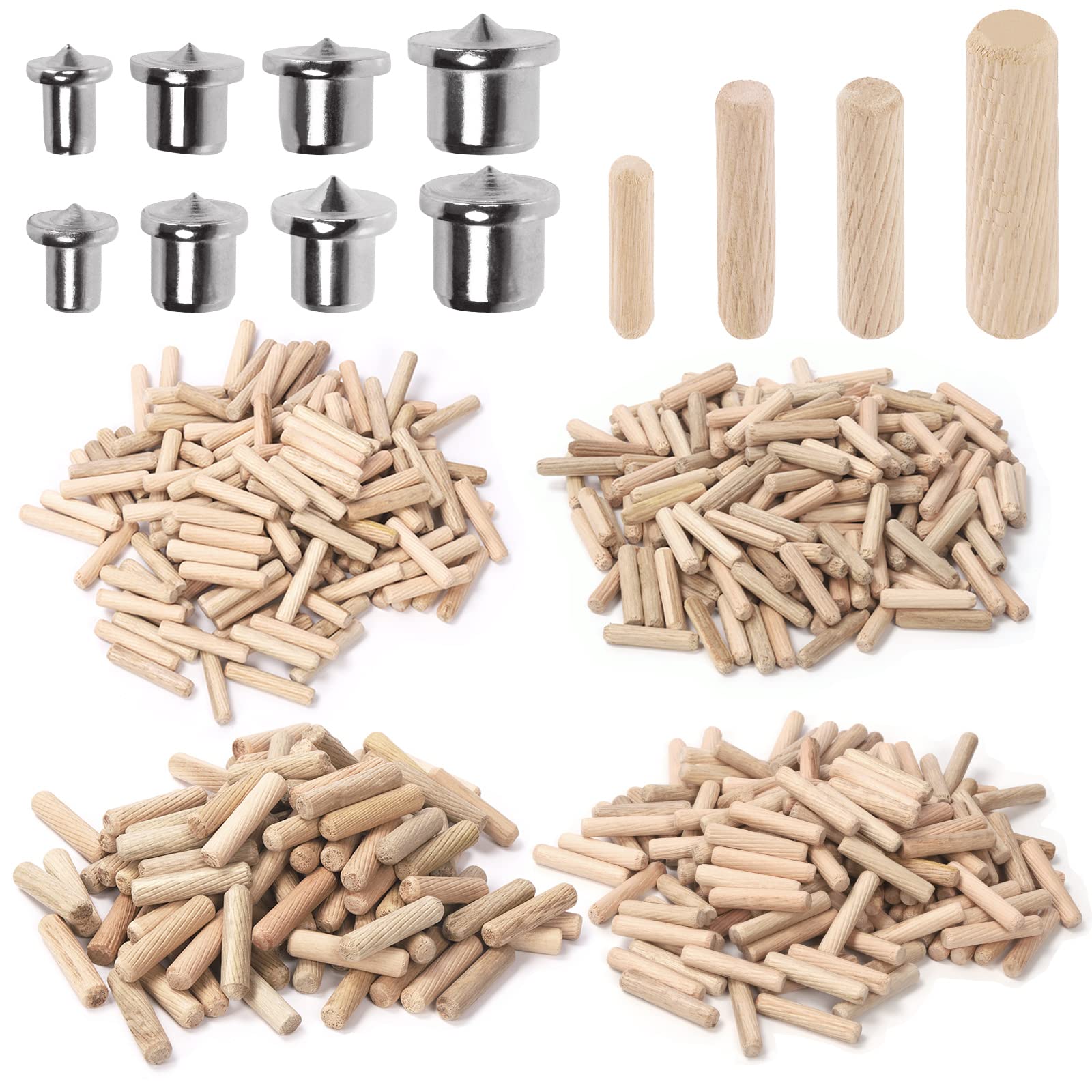Swpeet 505Pcs 4 Sizes 1/4" 5/16" 3/8" 1/2" Wooden Dowel Pins Straight Grooved Pins with Center Point Cylinder Wood Dowels Assortment Kit, Dowel and Tenon Center Transfer Plugs Point for Furniture