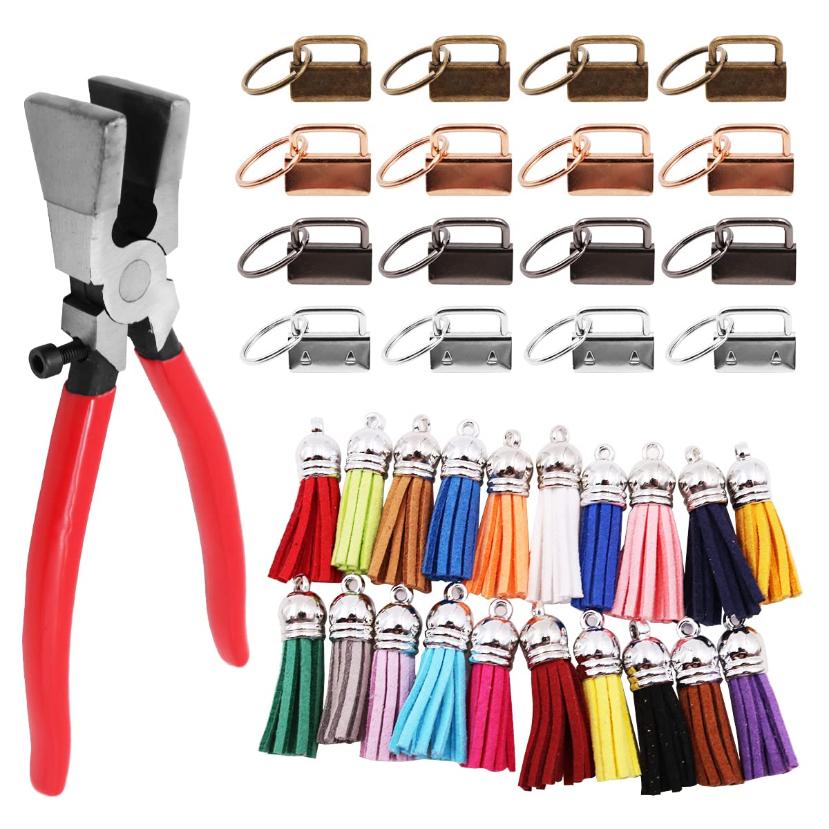 WANGCL 20 Pcs Key Fob Hardware Set with 24 Pcs Leather Keychain Tassels in 4 Colors