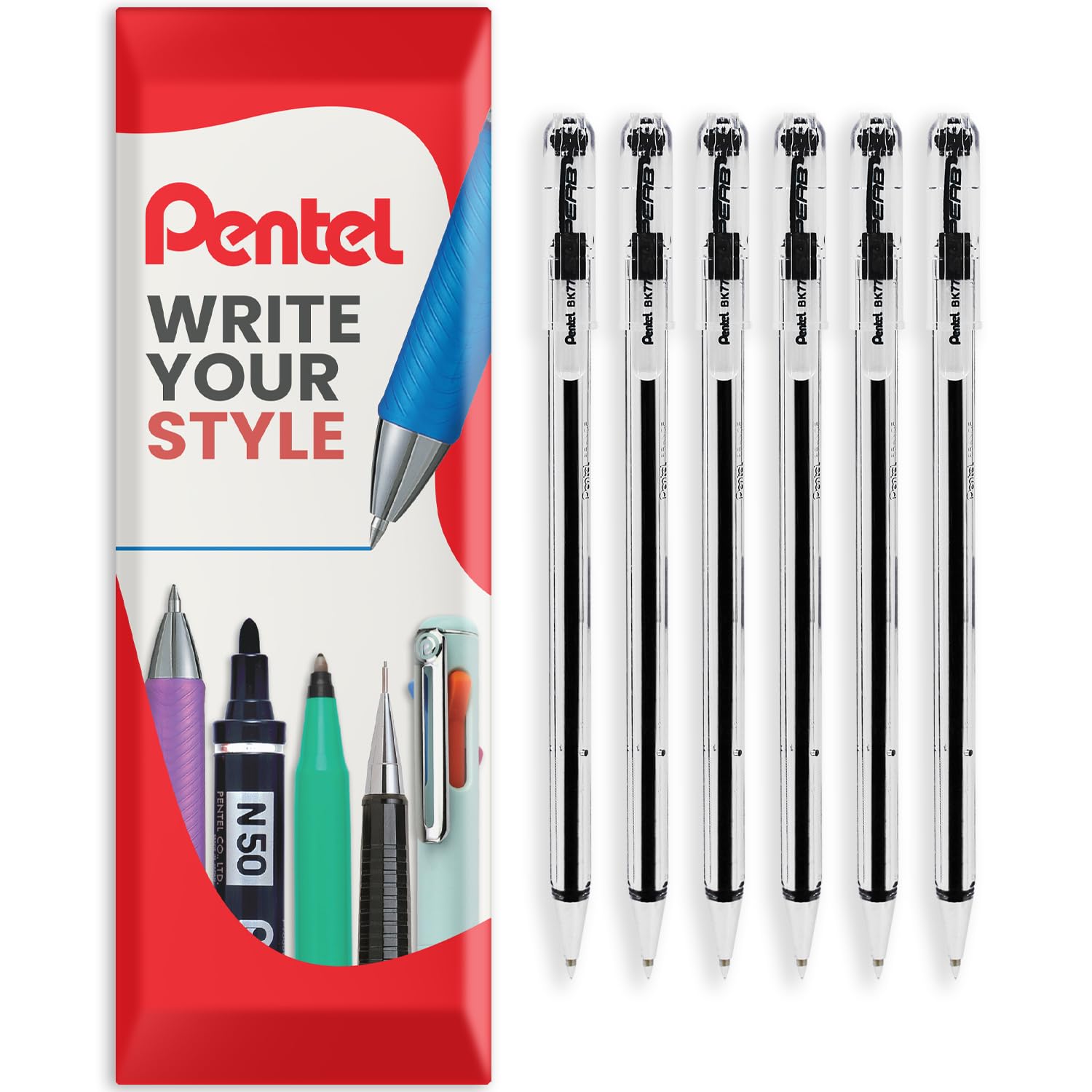 Pentel BK77 Superb Ballpoint Pens - 0.7mm Nib Tip 0.25mm Fine Line Width - In Envelope Gift Packaging (Black Pack of 6)
