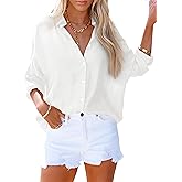 AISEW Womens Button Down V Neck Collared Shirts Dressy Casual Long Sleeve Roll Up Blouses Loose Cover Ups Tunic Tops