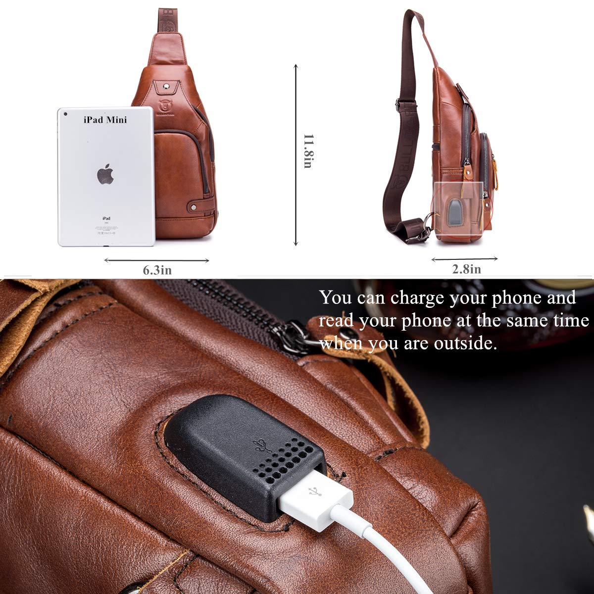 BULLCAPTAIN Genuine Leather Sling Bag with USB Charging Port Multi-pocket Chest Bag for Men Hiking Travel Daypack XB-129