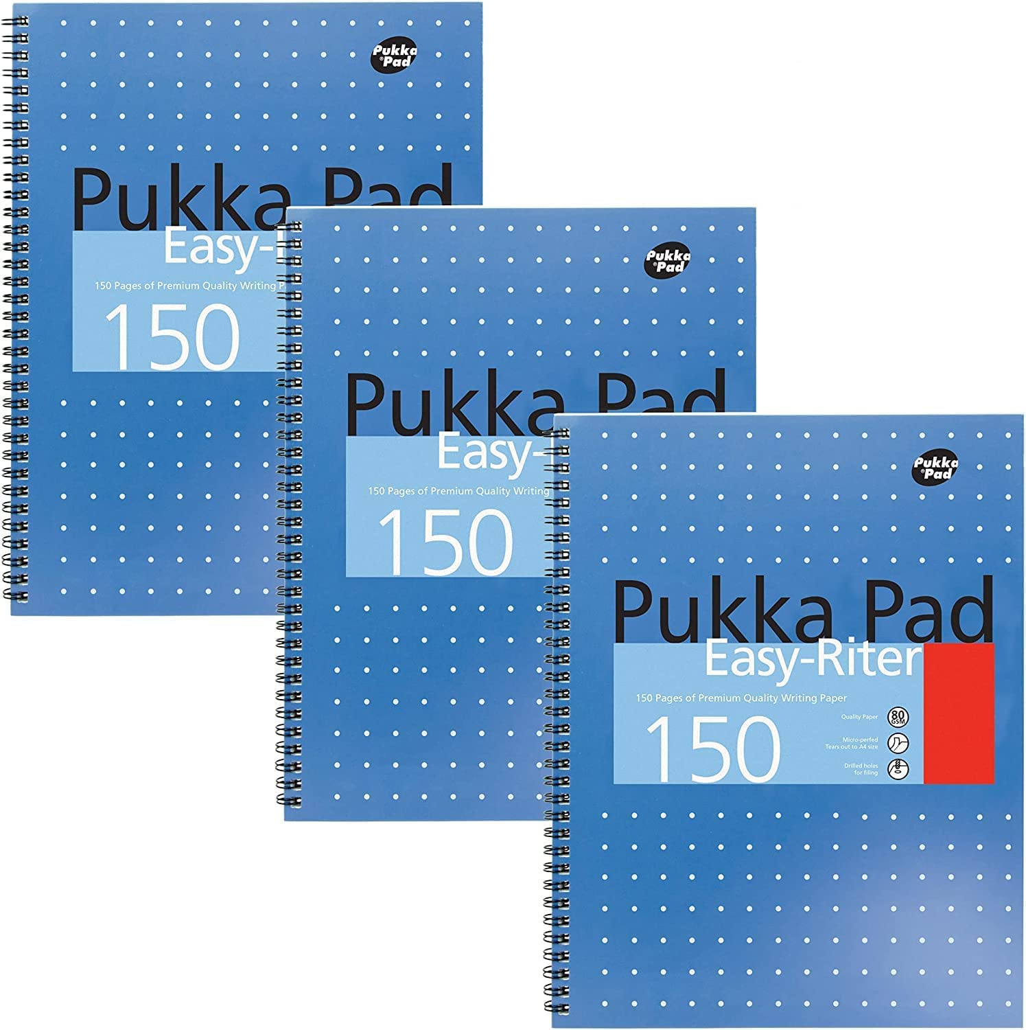 Pukka Pad, Easy-Riter A4 Notebook 3-Pack – Twin Wirebinding with 150 Pages of 80GSM Paper, Perforated Edges, and 4 Hole-Punch Compatibility – 29.3 x 27cm