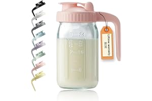 MIRADEXIC 32oz Glass Pitcher with Lid & V-shaped Pour Spout - 1 Quart Breastmilk Pitcher Double Leak Proof, Creamer Container for Sun Tea, Juice, Cold Brew Coffee, Breastmilk Storage Container