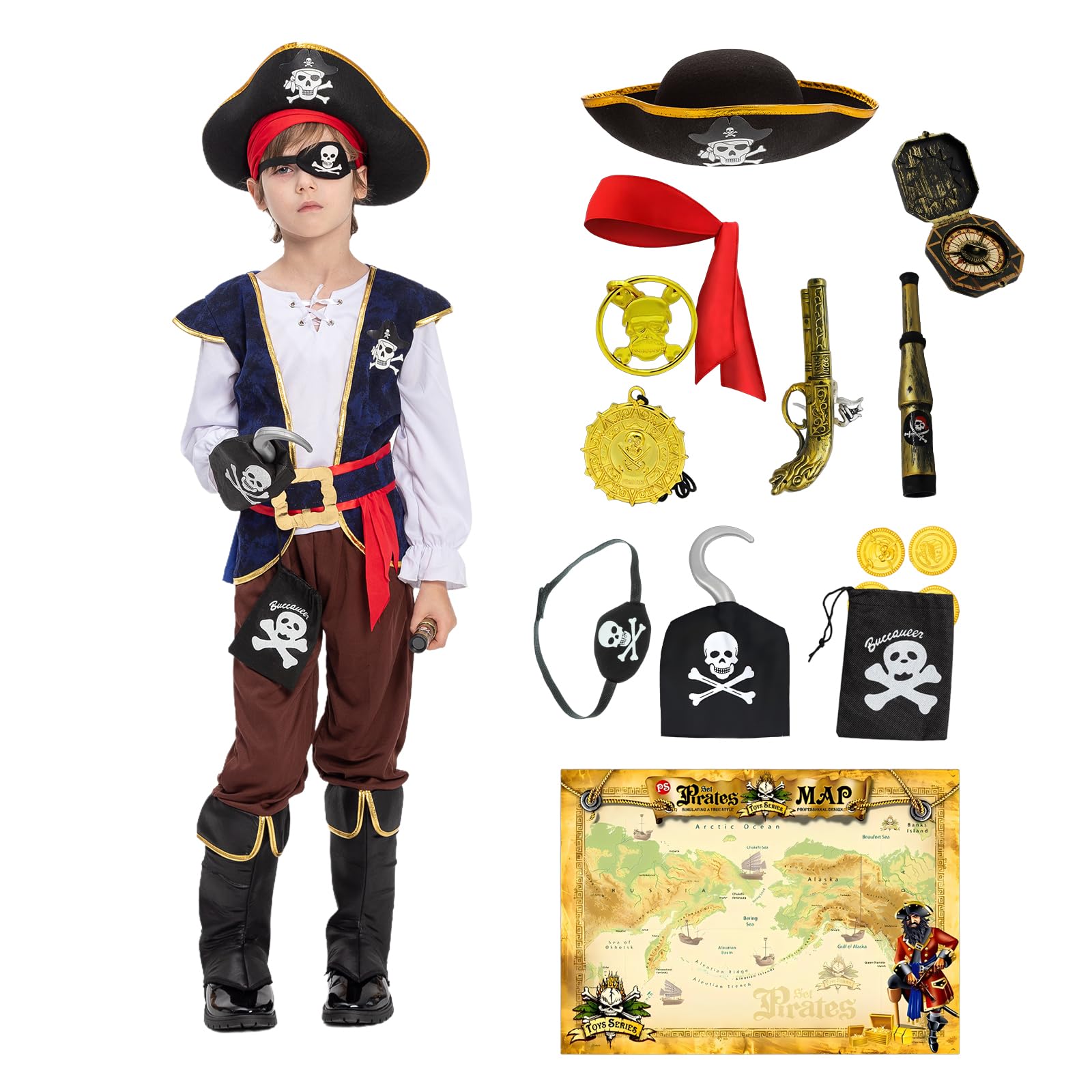 Photo 1 of JAZGROM Halloween Costumes for Kids Pirate Costume with Accessories for Toddler Boys Role Play Dress Up Themed Party for Children Brown