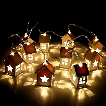 10er LED Lichterkette mit Holzhäusern, warmweißes Licht