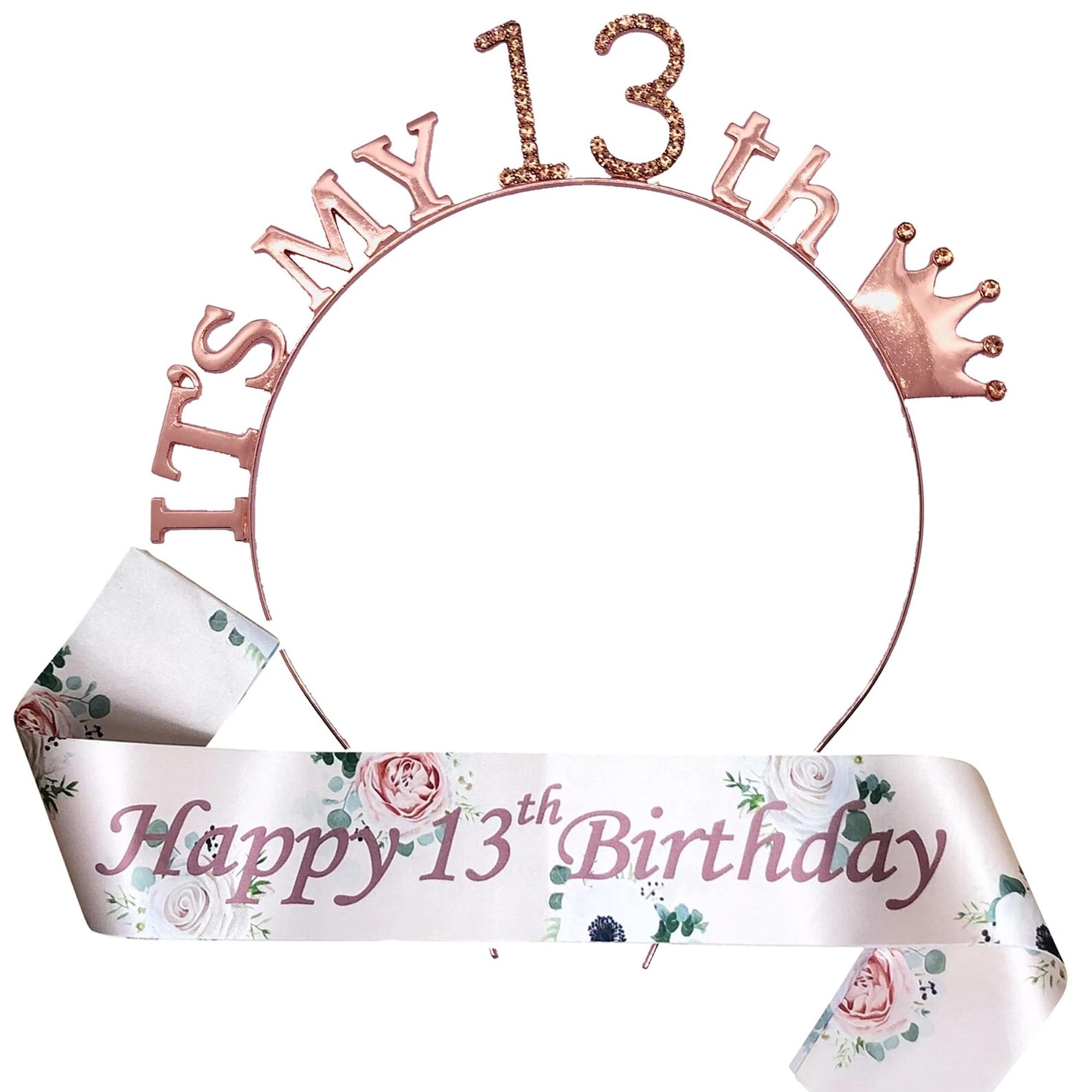 It’s My 13th Birthday Tiara and Sash Set – Rose Gold Diamante Crown with Happy 13th Satin Sash – Teenager Princess Queen Birthday Accessories for Girls Teens Party Outfit Decoration Gift — image 1