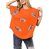 ChiyeeKiss Womens Sparkle Football Sequin Rugby Tee Game Day Pullover T-Shirt Crewneck Oversized Short Sleeve Washed Tops