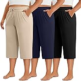 Neer 3 Pack Women's Plus Size Capri Pants, Drawstring Crop Lounge Sweatpants Summer Casual Loose Cropped Pant with Pocket