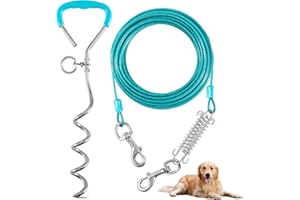 EVILPLAN Dog Tie Out Cable and Stake,40FT Outside Dog Run Cable Leash&Chain with Shock Spring for Camping and Yard, 16'' Heavy Duty Anti Rust Spiral Stake for Small-Large Dogs Up to 200 lbs (Teal, 200lbs 40FT)