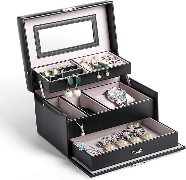 Boîte à Bijoux,Coffre 3 Niveaux Rangement Bijoux Verrouillable Avec Clef En Cuir Impermeable Pour Filles Ranger Bagues Colliers Montres 82854183