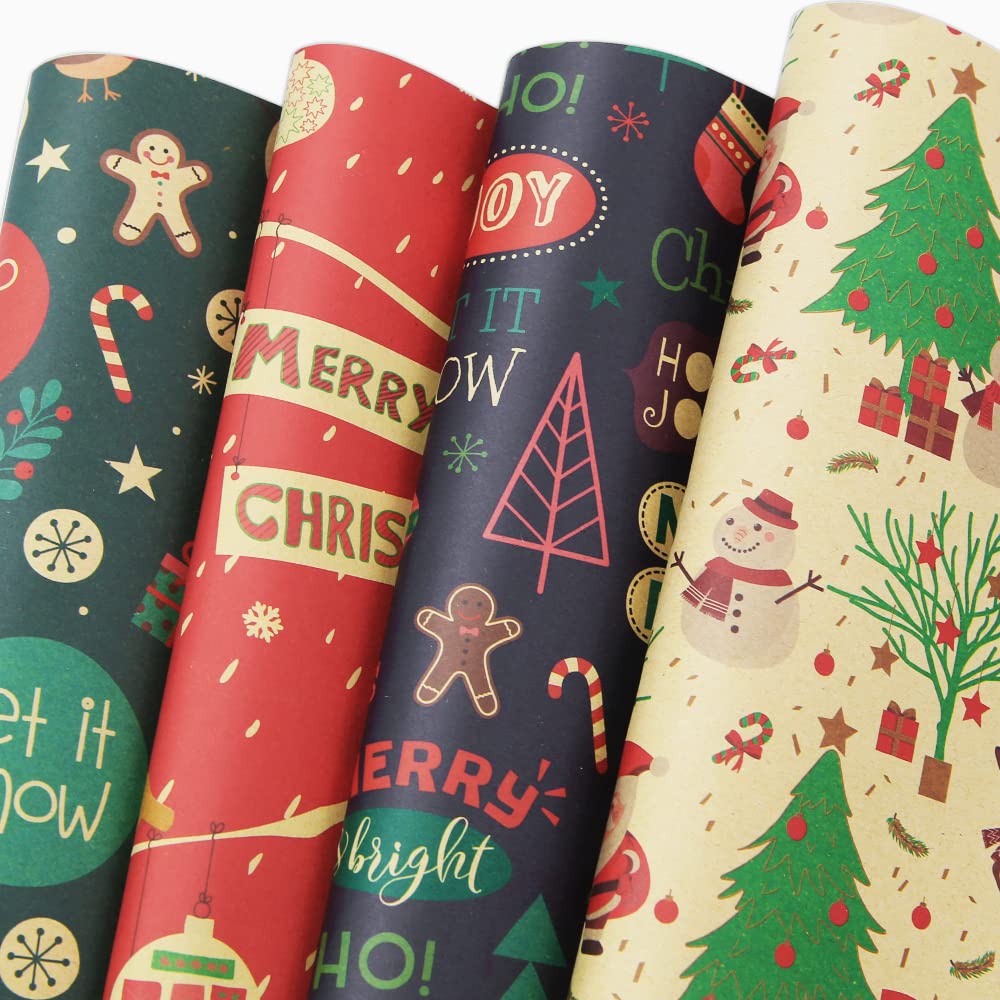 Christmas Wrapping Paper, Gift Wrapping Papers, 50 x 70 cm per sheet, Santa Snowmen Deer Bell Tree Kraft Wrapping Paper for Family Friends Kids lovers on Christmas or Birthday(4 Designs 12 sheets)