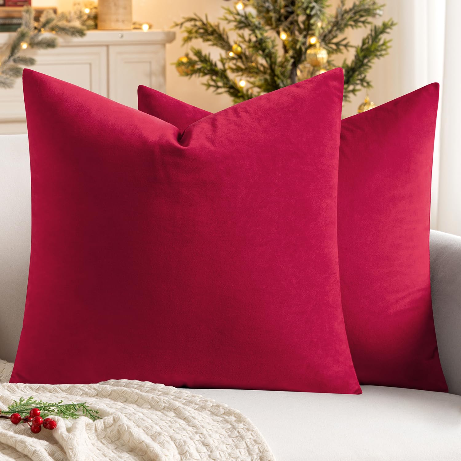 MIULEE Velvet Soft Decorative Square Throw Pillow Case Cushion Covers Pillowcases for Livingroom Sofa Bedroom with Invisible Zipper 18"x18" 2 Pieces Scarlet