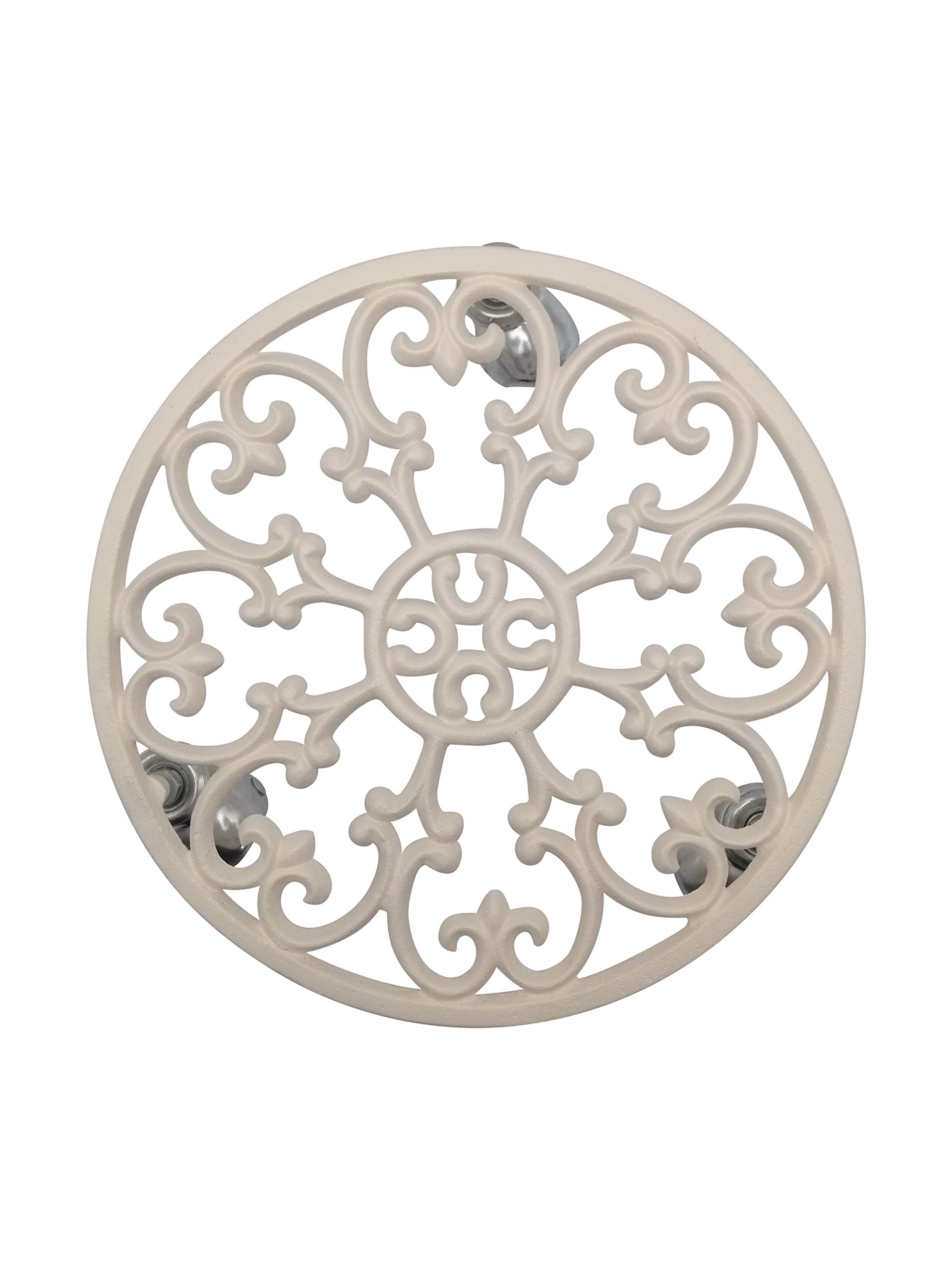 Photo 1 of Comfy Hour Rustic Style Collection Cast Iron Plant Trolley Flowerpot Holder, with Heavy Duty Super Strong Industrial Strength Iron Wheels, White