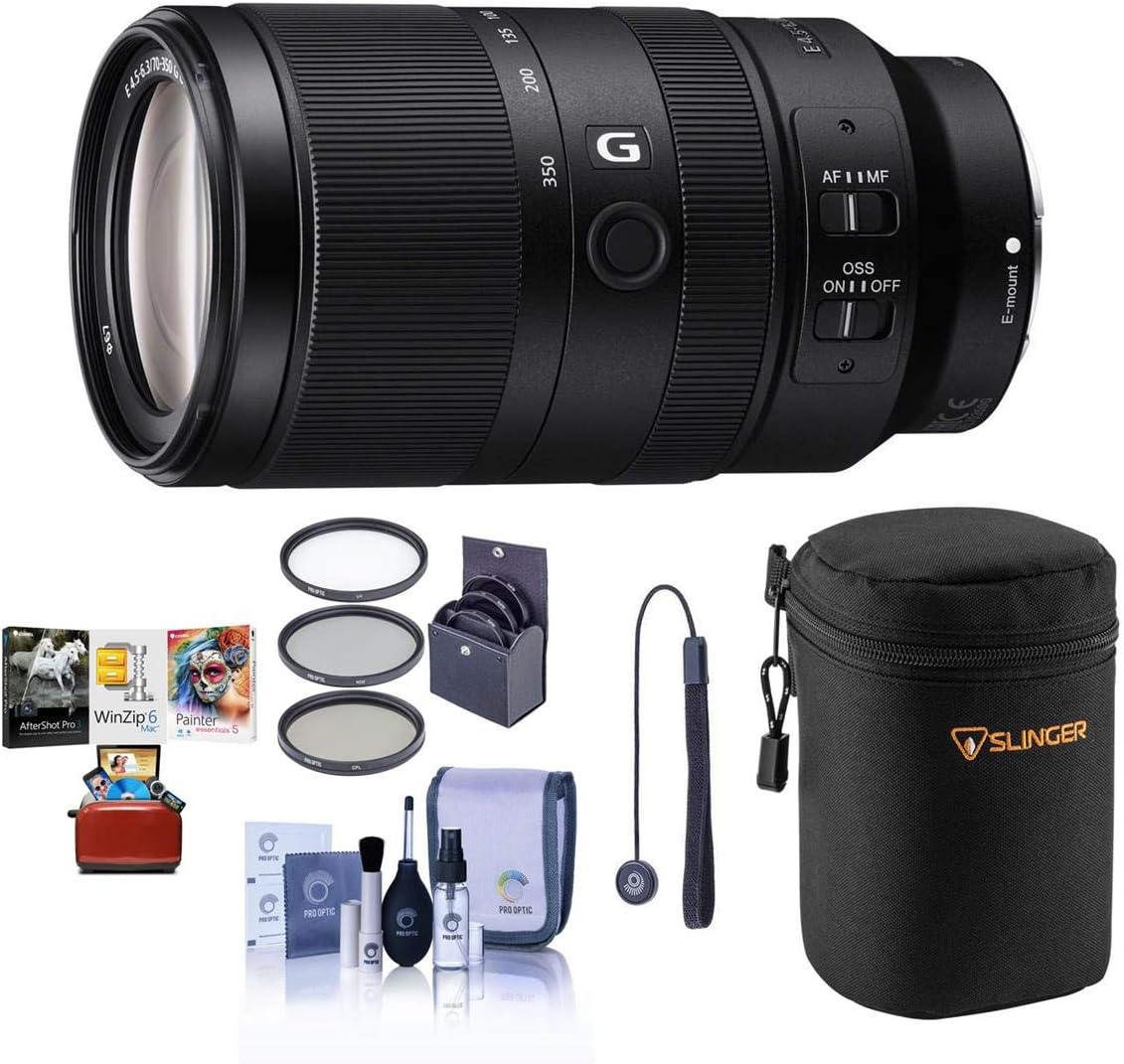 Sony E 70-350mm f/4.5-6.3 G OSS Lens - Bundle with Lens Case, 67mm Filter KIt, Capleash II, Cleaning kit, Mac Software Package