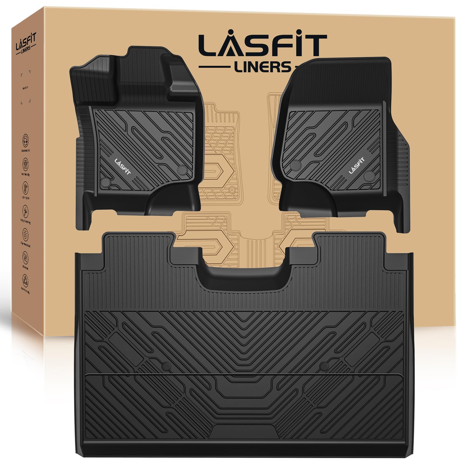 Photo 1 of **** STYLE DIFFERS FROM STOCK PHOTO / MISSING PIECES ONLY 1 **** LASFIT Floor Mats for Ford F-150 2015-2026 | F150 Lightning 2022-2025 SuperCrew (Rear w/o Fold Flat Storage) Carpet Floor All Weather Protector TPE Truck Liners- 1st & 2nd Row, 3pcs Black
