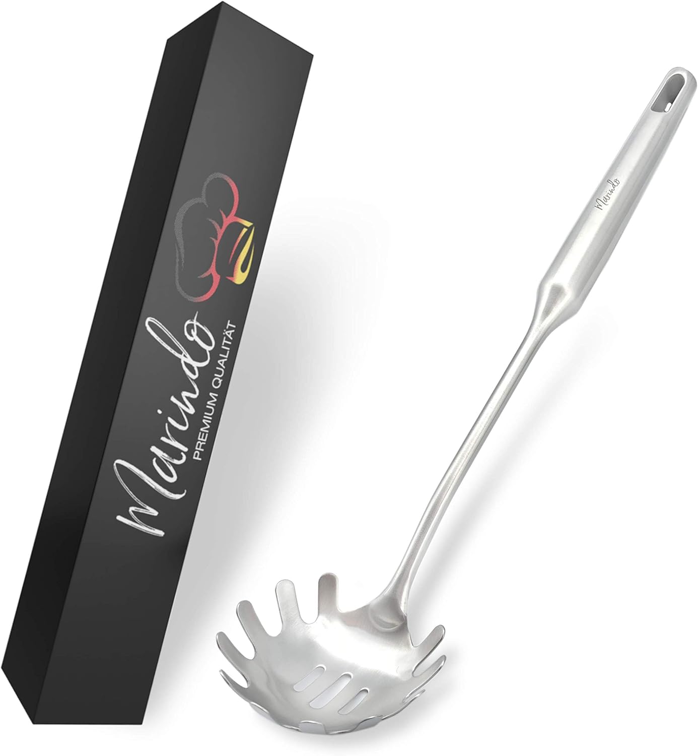 Marindo® Profi Spaghettilöffel Edelstahl 34cm | Spaghettiheber aus rostfreiem Edelstahl | Nudellöffel mit ovalem Edelstahl Griff | lebensmittelecht & spülmaschinenfest | idealer Küchenhelfer
