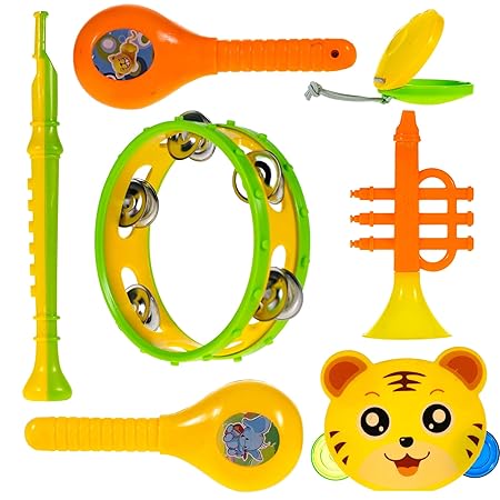 WISHKEY Colourful Plastic BPA Free Non Toxic Set of 7 Musical Instruments Rattle for New Borns,Maraca,Blowing Trumpets, Tambourines, Castanets