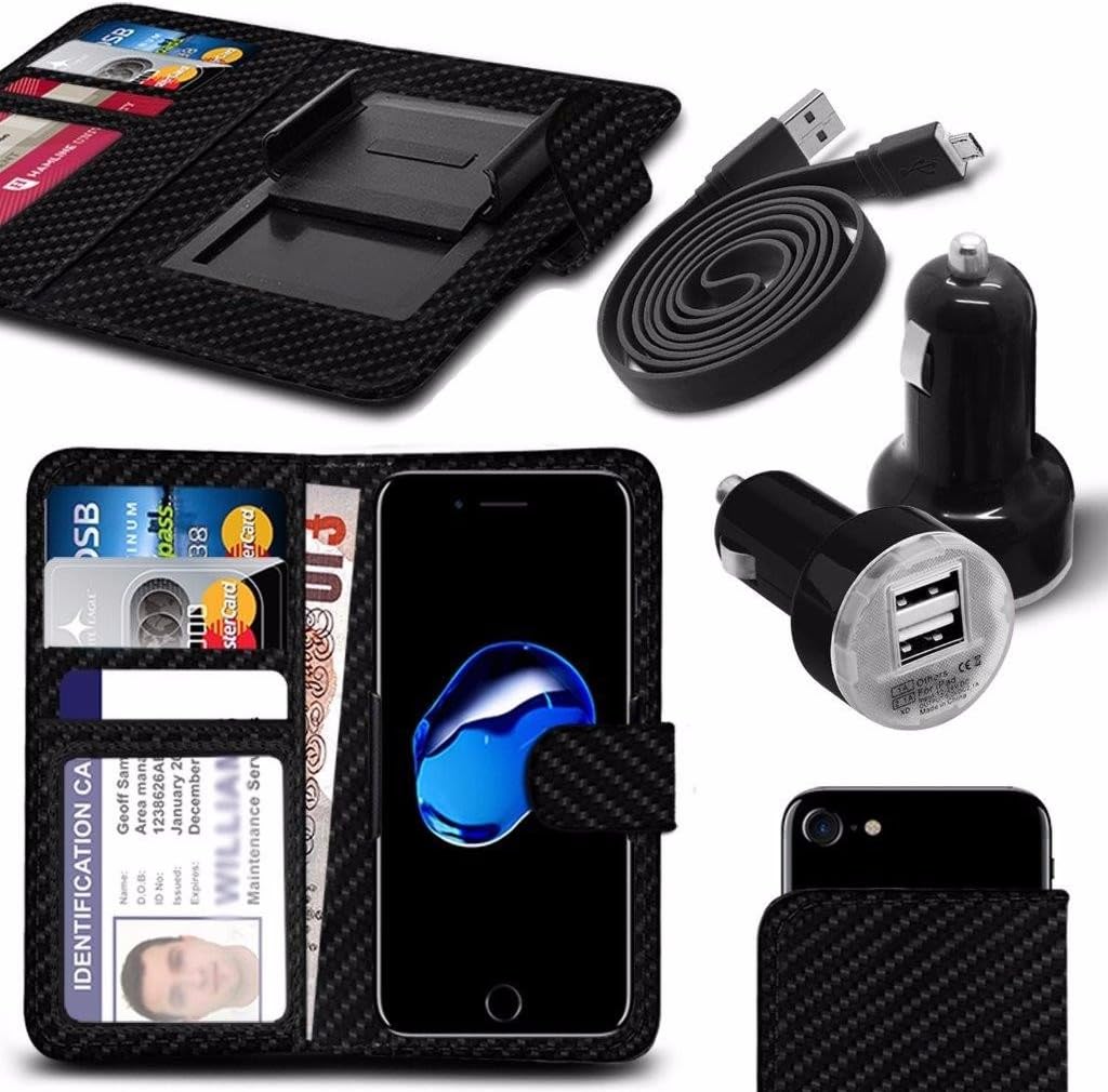 Vodafone MobiWire Kwanita (4") - Case Super Essentials Pack Clamp Spring Style PU Leather Wallet + Dual Bullet Charger + Micro USB 1 Metre Flat Data Cable - Carbon Black