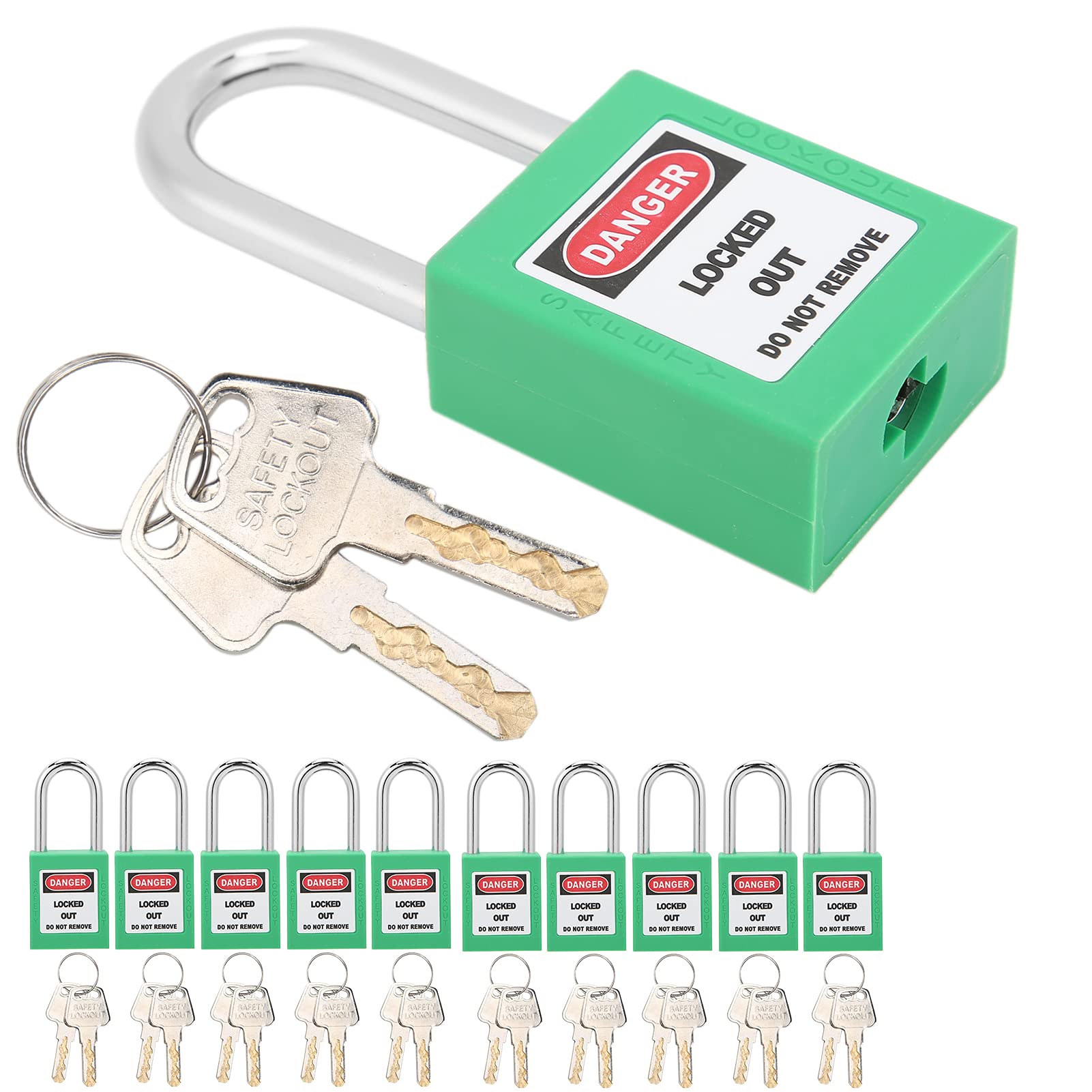 lyrlody Lockout Tagout Kit, 10Sets 38mm Lockout Tagout Lock Nylon Isolation Design Safety Padlock Set Security Padlock with 20 Keys for Machine Manufacturi (Green)