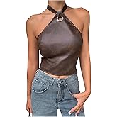 MakeMeChic Women's Faux Leather Halter Crop Tops Tie Open Back Party Tank Clubwear