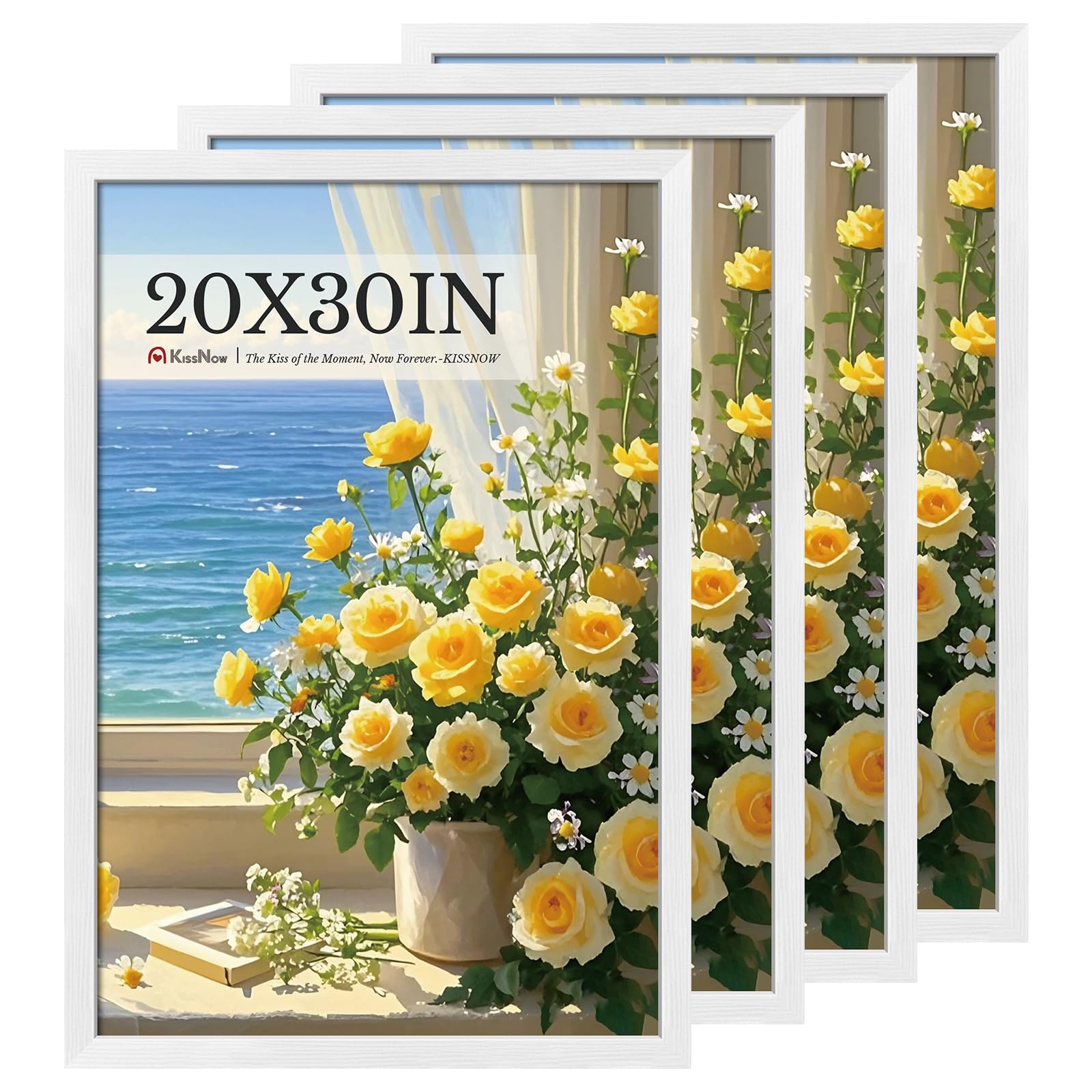 KissNow 20x30 Poster Frame 4 Pack, Textured White Solid Wood, Wall Gallery Picture Frame Image
