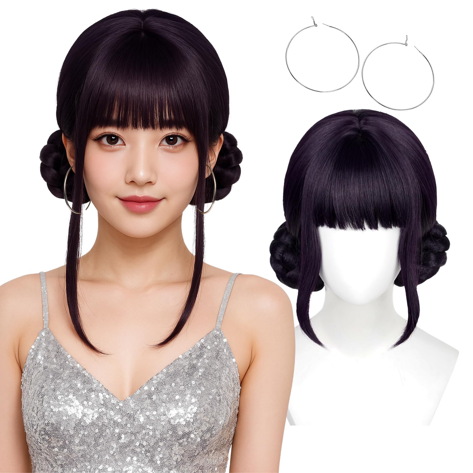 Photo 1 of Wiggy Mermaid Black Purple Wig with Braided Bun + Cap for Stage Party Halloween Costume Cosplay